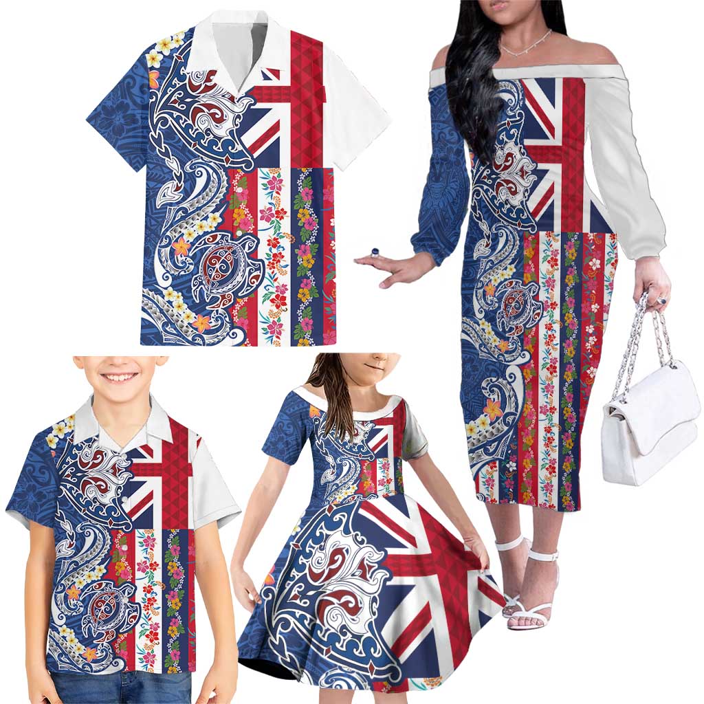 Hawaiian Manta Ray and Turtle Tribal Tattoo Family Matching Off The Shoulder Long Sleeve Dress and Hawaiian Shirt With Hawaii Flag and Flowers LT03 - Polynesian Pride