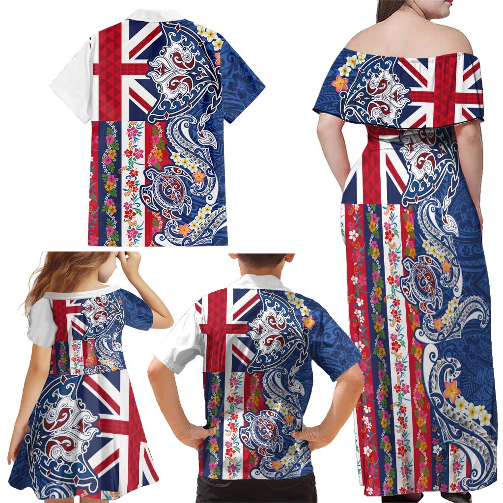 Hawaiian Manta Ray and Turtle Tribal Tattoo Family Matching Off Shoulder Maxi Dress and Hawaiian Shirt With Hawaii Flag and Flowers LT03 - Polynesian Pride
