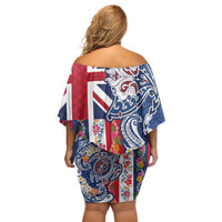 Hawaiian Manta Ray and Turtle Tribal Tattoo Family Matching Off Shoulder Short Dress and Hawaiian Shirt With Hawaii Flag and Flowers LT03 - Polynesian Pride
