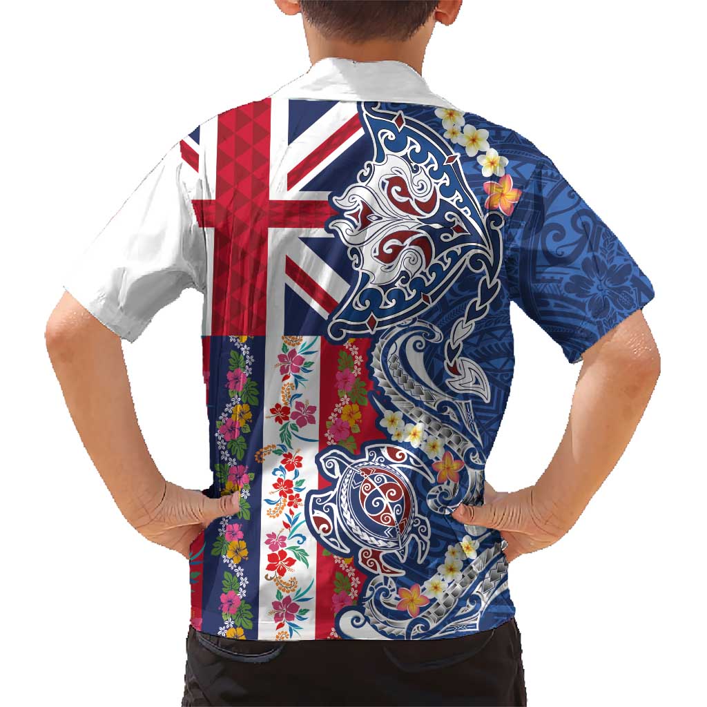 Hawaiian Manta Ray and Turtle Tribal Tattoo Family Matching Puletasi and Hawaiian Shirt With Hawaii Flag and Flowers LT03 - Polynesian Pride