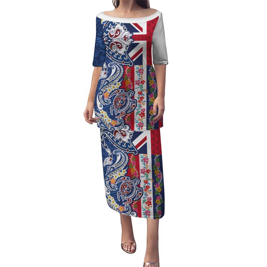 Hawaiian Manta Ray and Turtle Tribal Tattoo Family Matching Puletasi and Hawaiian Shirt With Hawaii Flag and Flowers LT03 Mom's Dress Multicolor - Polynesian Pride