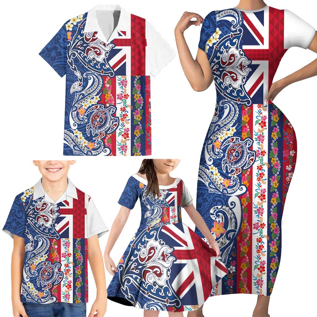 Hawaiian Manta Ray and Turtle Tribal Tattoo Family Matching Short Sleeve Bodycon Dress and Hawaiian Shirt With Hawaii Flag and Flowers LT03 - Polynesian Pride