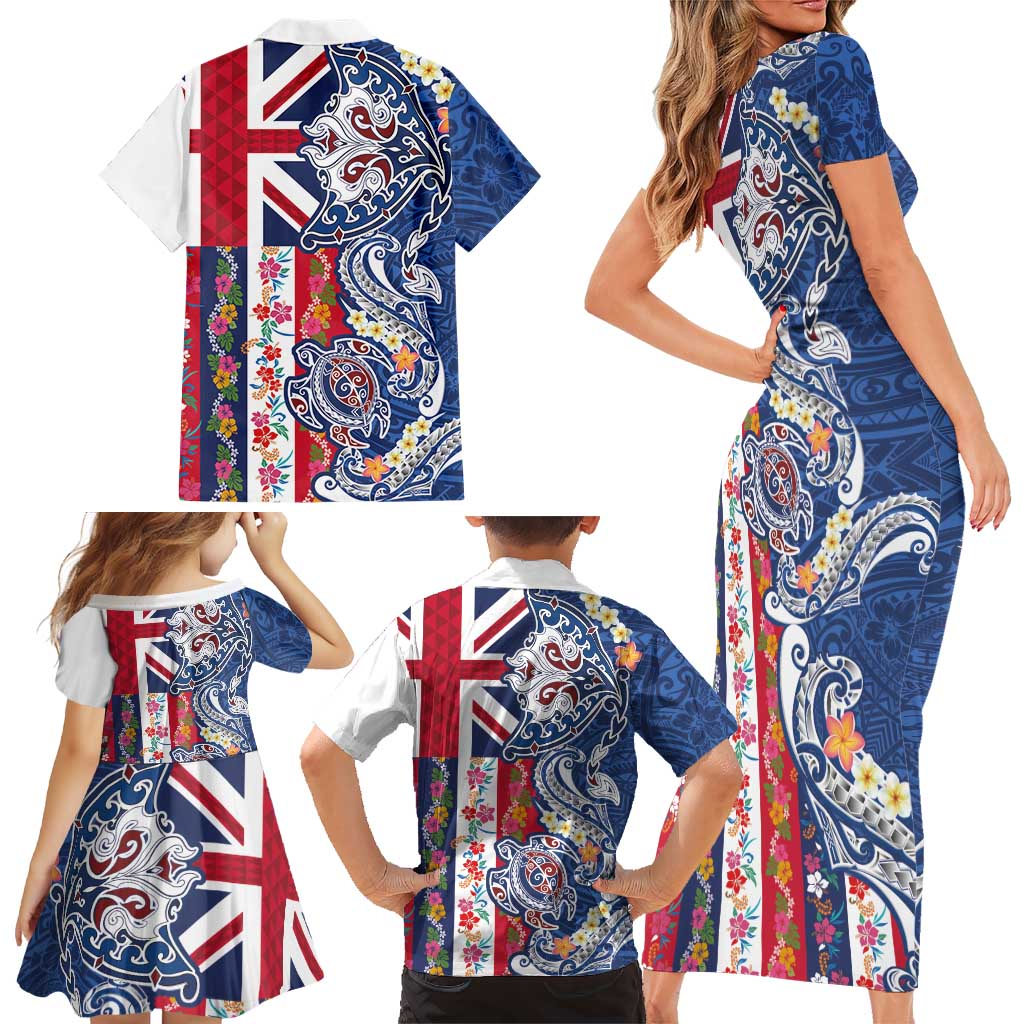 Hawaiian Manta Ray and Turtle Tribal Tattoo Family Matching Short Sleeve Bodycon Dress and Hawaiian Shirt With Hawaii Flag and Flowers LT03 - Polynesian Pride