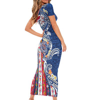 Hawaiian Manta Ray and Turtle Tribal Tattoo Family Matching Short Sleeve Bodycon Dress and Hawaiian Shirt With Hawaii Flag and Flowers LT03 - Polynesian Pride