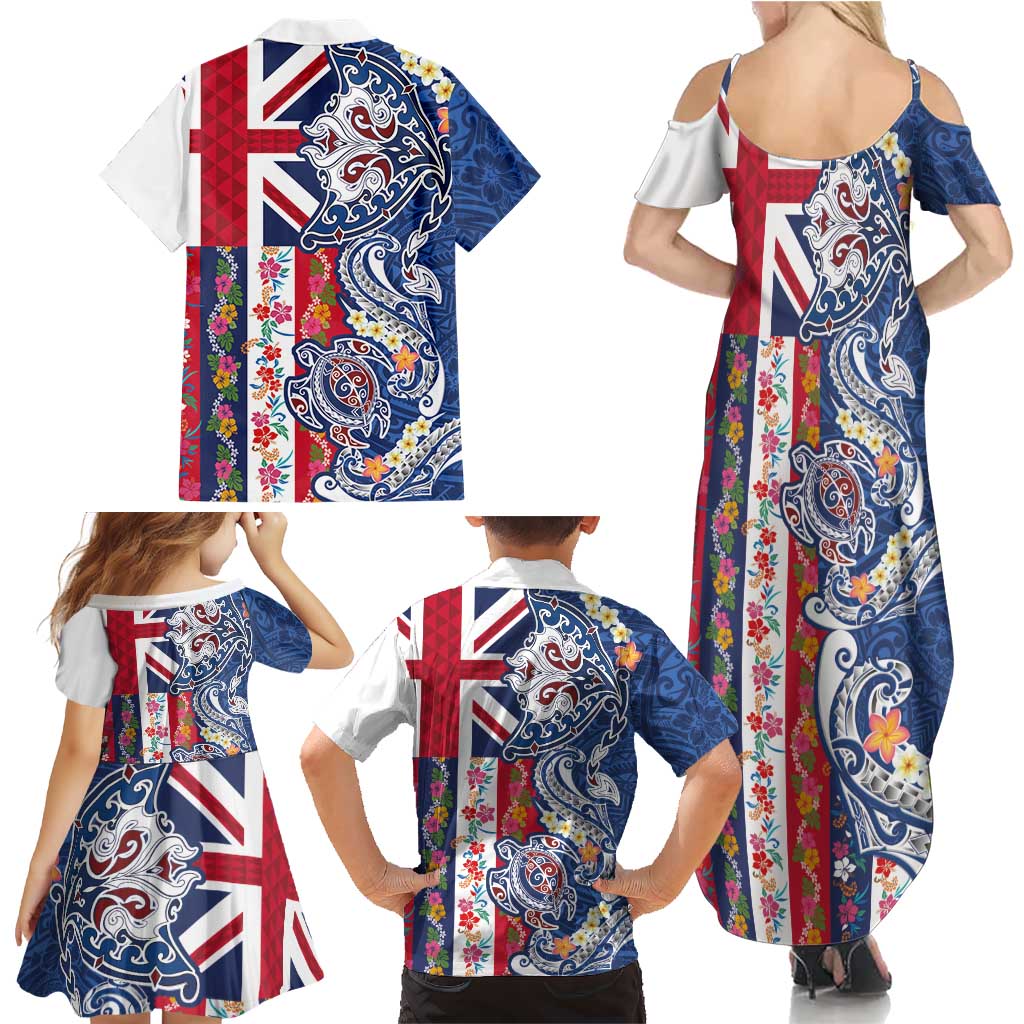 Hawaiian Manta Ray and Turtle Tribal Tattoo Family Matching Summer Maxi Dress and Hawaiian Shirt With Hawaii Flag and Flowers LT03 - Polynesian Pride