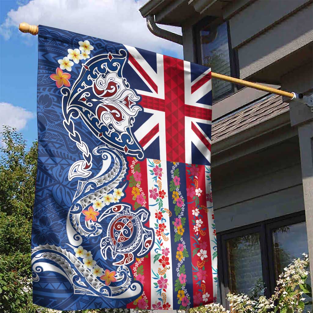 Hawaiian Manta Ray and Turtle Tribal Tattoo Garden Flag With Hawaii Flag and Flowers