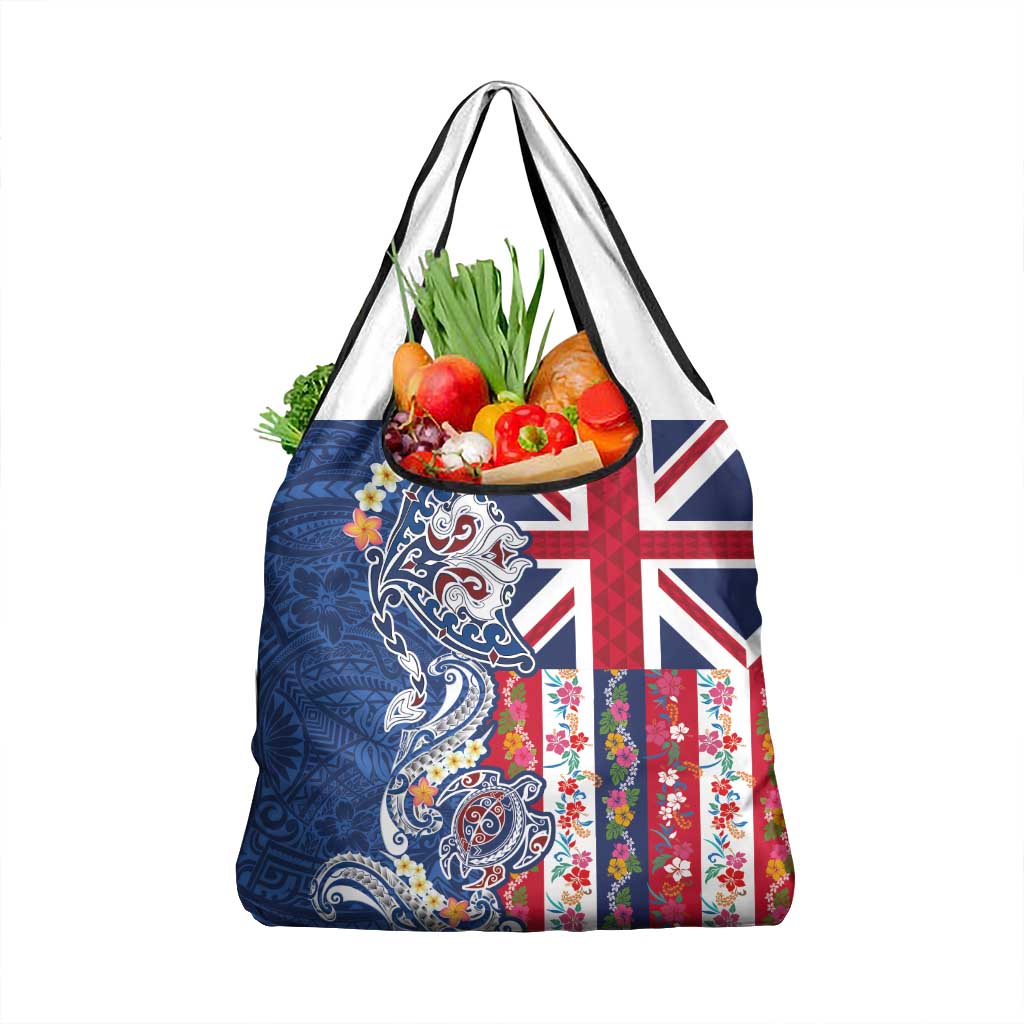 Hawaiian Manta Ray and Turtle Tribal Tattoo Grocery Bag With Hawaii Flag and Flowers