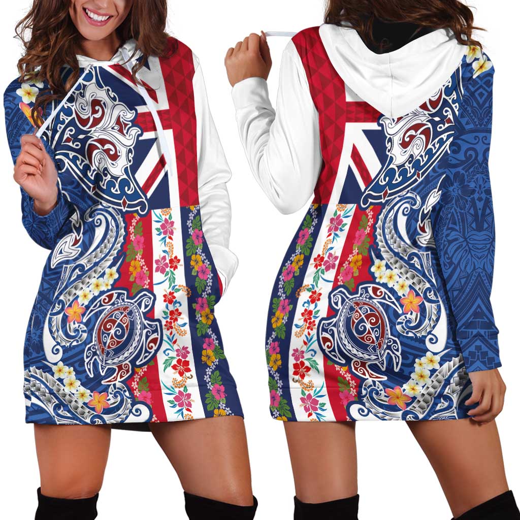 Hawaiian Manta Ray and Turtle Tribal Tattoo Hoodie Dress With Hawaii Flag and Flowers LT03 - Polynesian Pride
