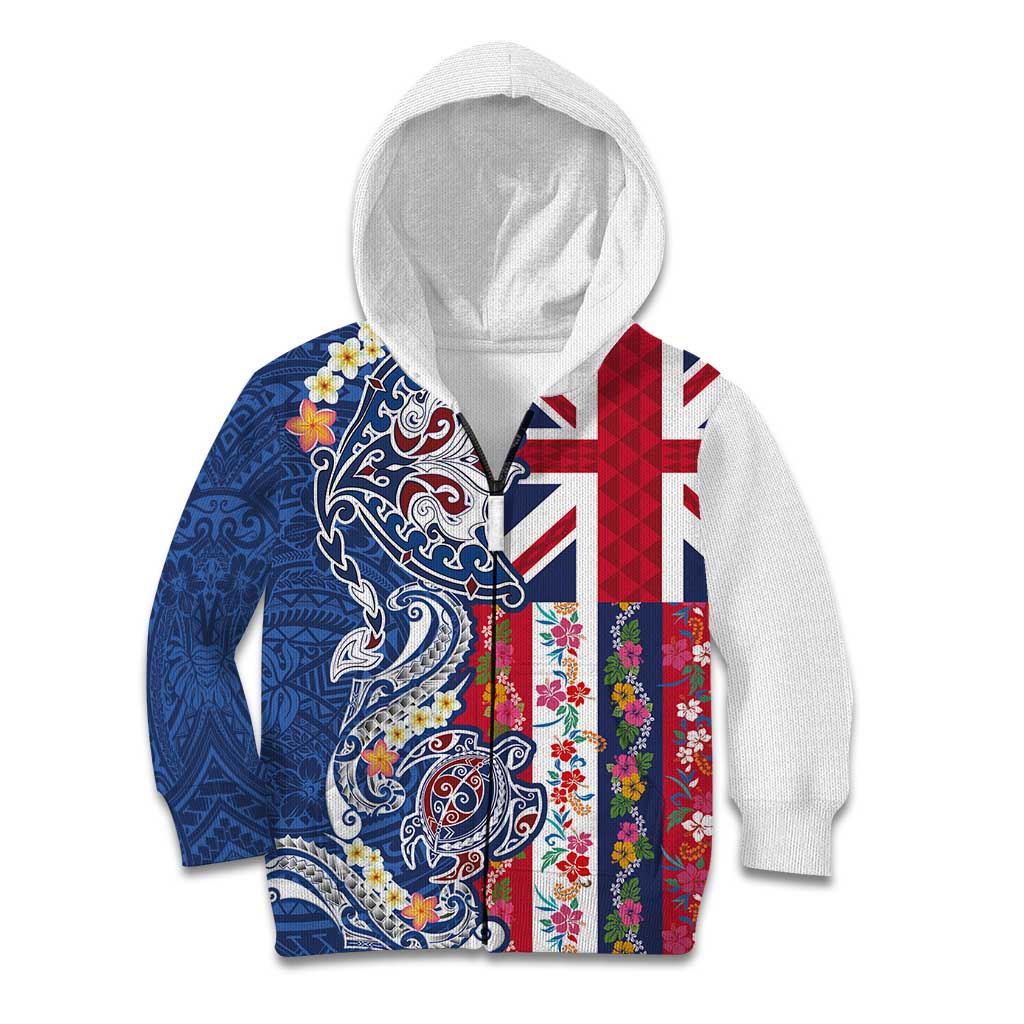 Hawaiian Manta Ray and Turtle Tribal Tattoo Kid Hoodie With Hawaii Flag and Flowers LT03 Zip Hoodie Multicolor - Polynesian Pride