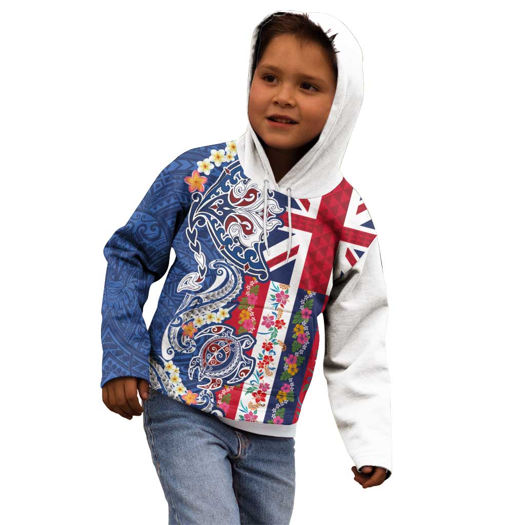Hawaiian Manta Ray and Turtle Tribal Tattoo Kid Hoodie With Hawaii Flag and Flowers LT03 - Polynesian Pride