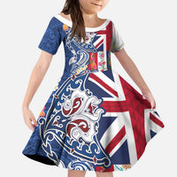 Hawaiian Manta Ray and Turtle Tribal Tattoo Kid Short Sleeve Dress With Hawaii Flag and Flowers LT03 KID Multicolor - Polynesian Pride