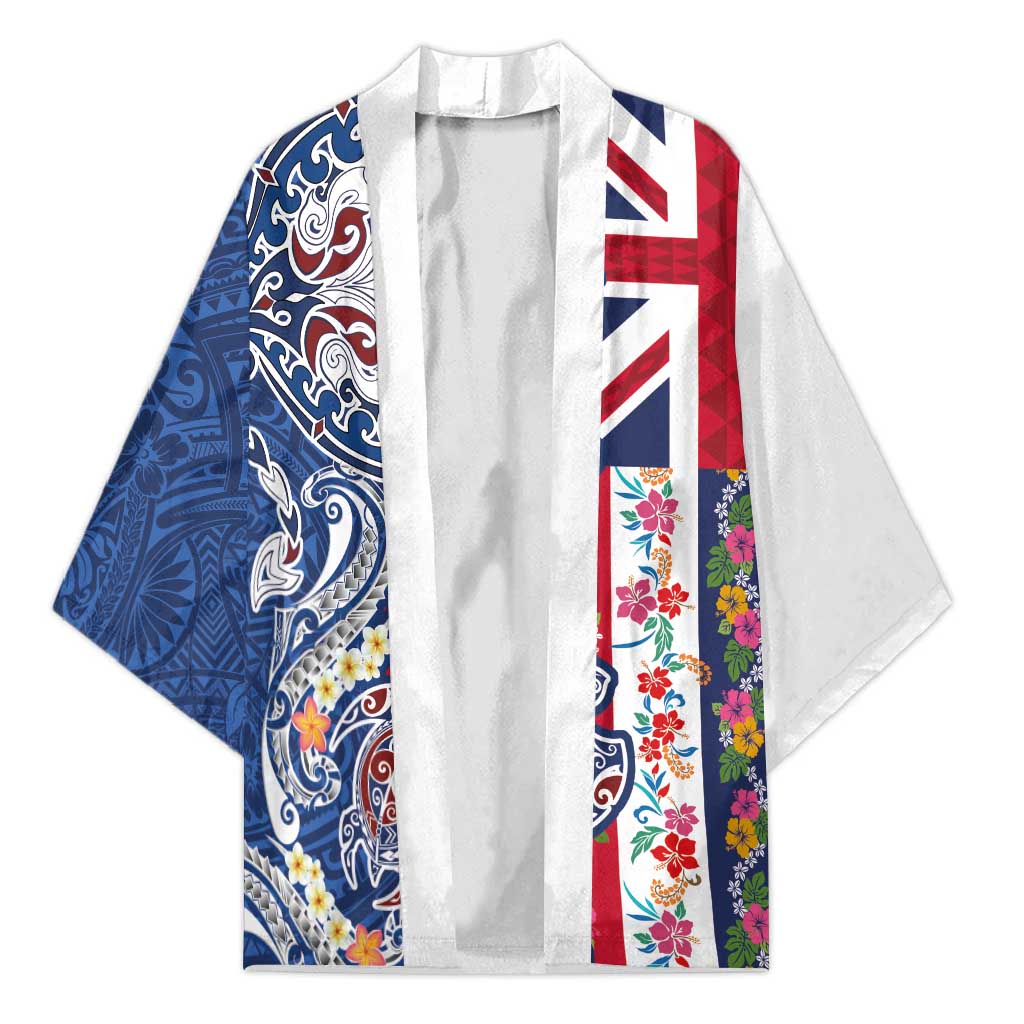 Hawaiian Manta Ray and Turtle Tribal Tattoo Kimono With Hawaii Flag and Flowers