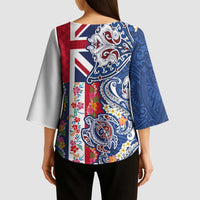 Hawaiian Manta Ray and Turtle Tribal Tattoo Kimono Sleeve Blouse With Hawaii Flag and Flowers