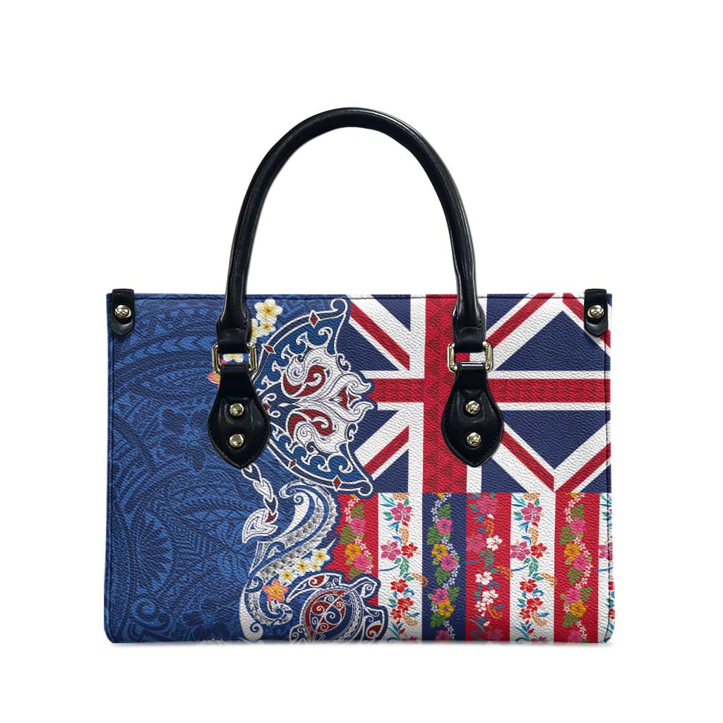 Hawaiian Manta Ray and Turtle Tribal Tattoo Leather Bag With Hawaii Flag and Flowers
