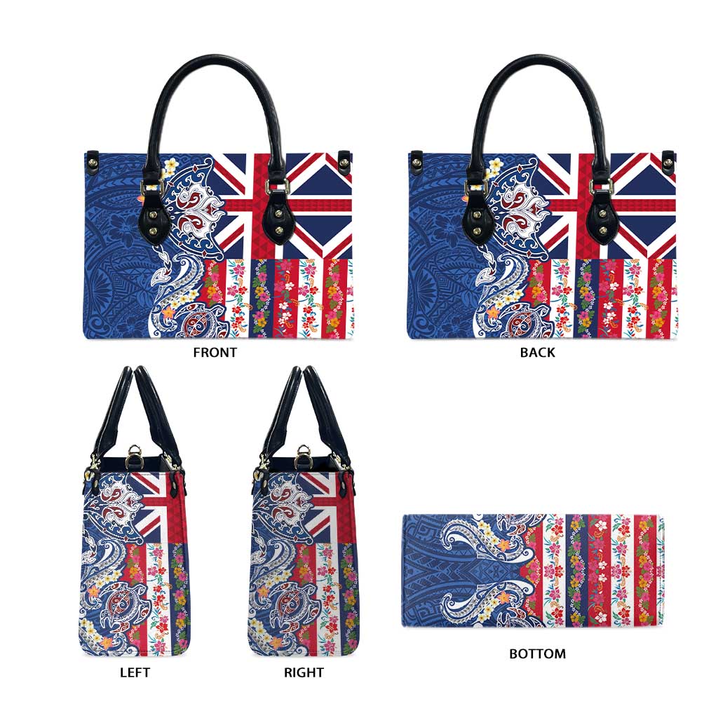 Hawaiian Manta Ray and Turtle Tribal Tattoo Leather Bag With Hawaii Flag and Flowers