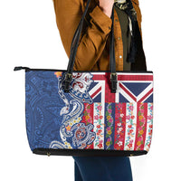 Hawaiian Manta Ray and Turtle Tribal Tattoo Leather Tote Bag With Hawaii Flag and Flowers