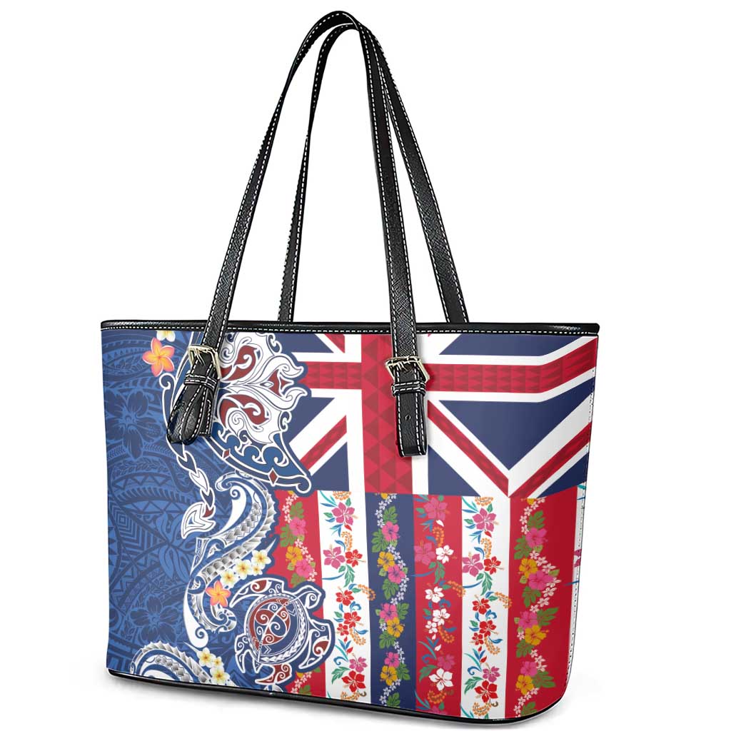 Hawaiian Manta Ray and Turtle Tribal Tattoo Leather Tote Bag With Hawaii Flag and Flowers