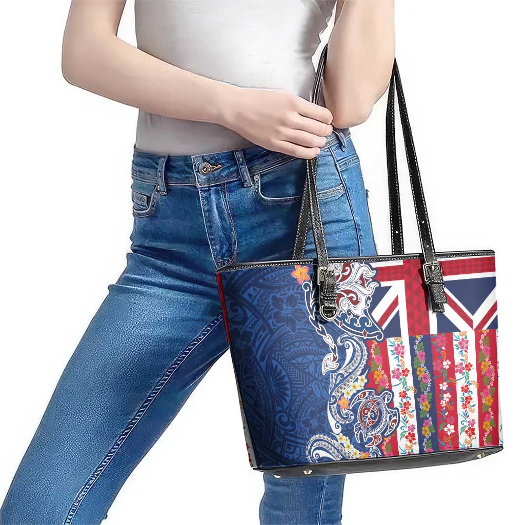 Hawaiian Manta Ray and Turtle Tribal Tattoo Leather Tote Bag With Hawaii Flag and Flowers