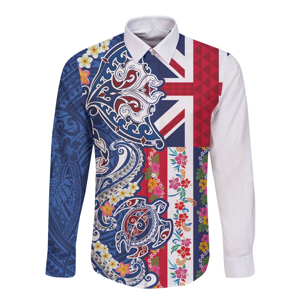 Hawaiian Manta Ray and Turtle Tribal Tattoo Long Sleeve Button Shirt With Hawaii Flag and Flowers