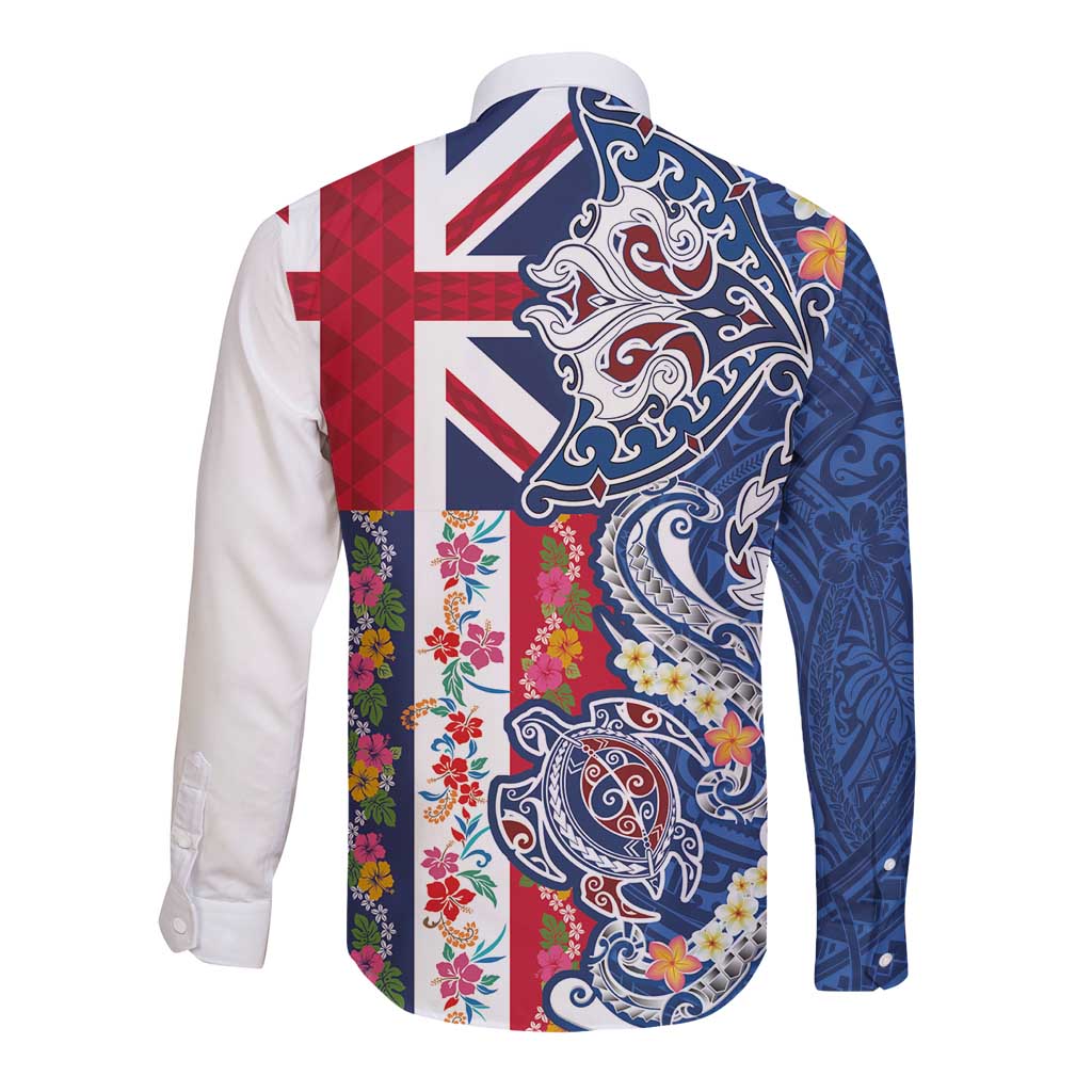 Hawaiian Manta Ray and Turtle Tribal Tattoo Long Sleeve Button Shirt With Hawaii Flag and Flowers