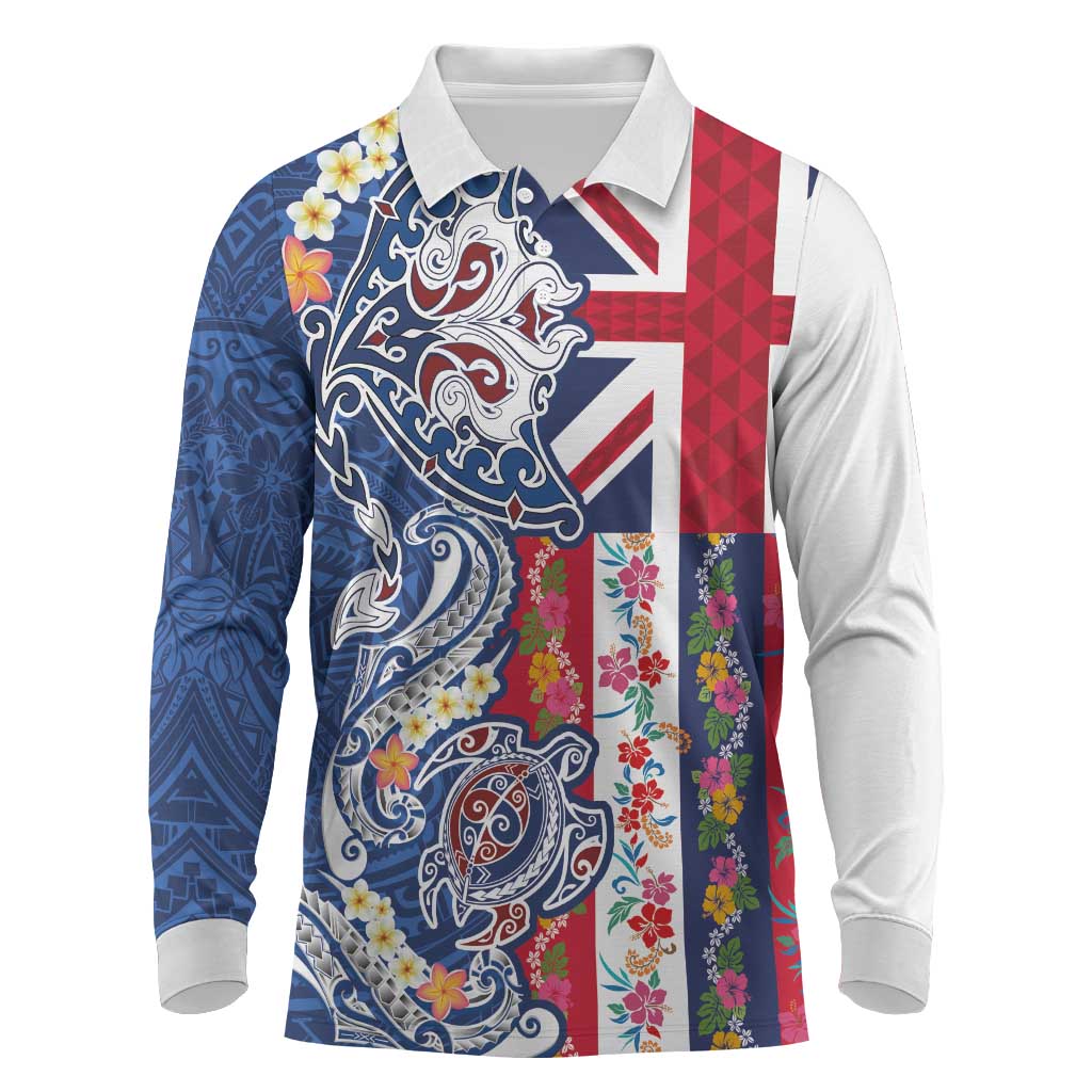 Hawaiian Manta Ray and Turtle Tribal Tattoo Long Sleeve Polo Shirt With Hawaii Flag and Flowers LT03 Multicolor - Polynesian Pride