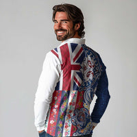 Hawaiian Manta Ray and Turtle Tribal Tattoo Long Sleeve Polo Shirt With Hawaii Flag and Flowers LT03 - Polynesian Pride