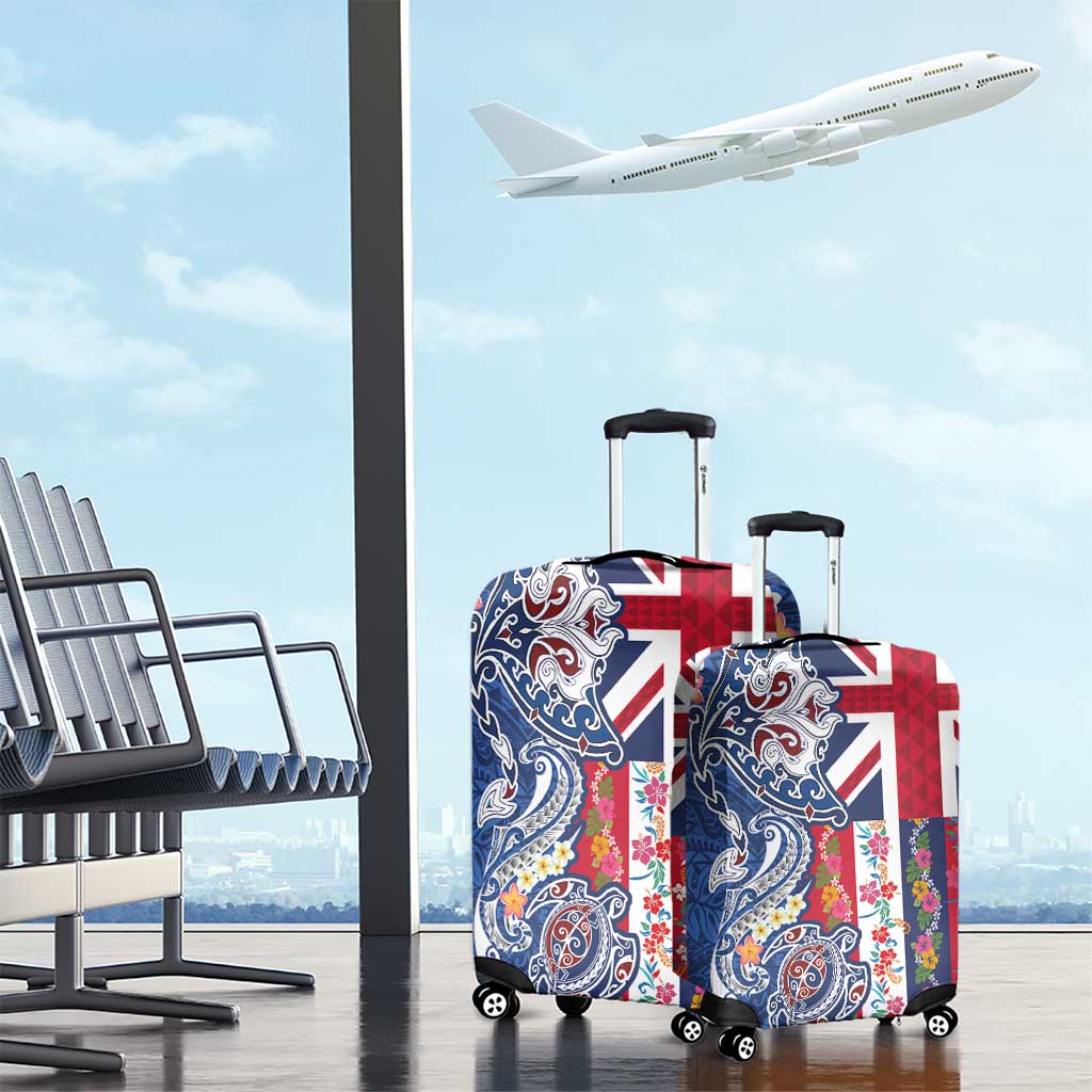 Hawaiian Manta Ray and Turtle Tribal Tattoo Luggage Cover With Hawaii Flag and Flowers
