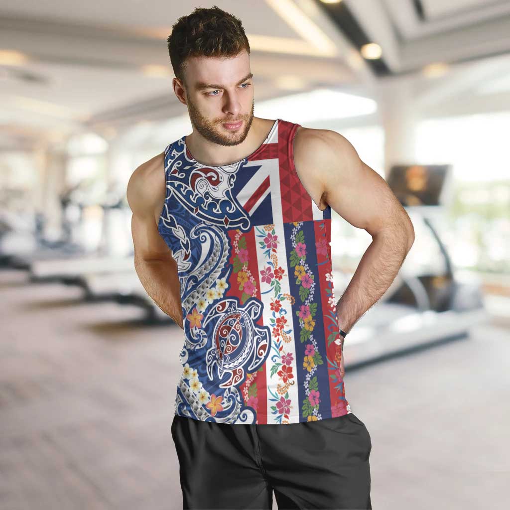Hawaiian Manta Ray and Turtle Tribal Tattoo Men Tank Top With Hawaii Flag and Flowers