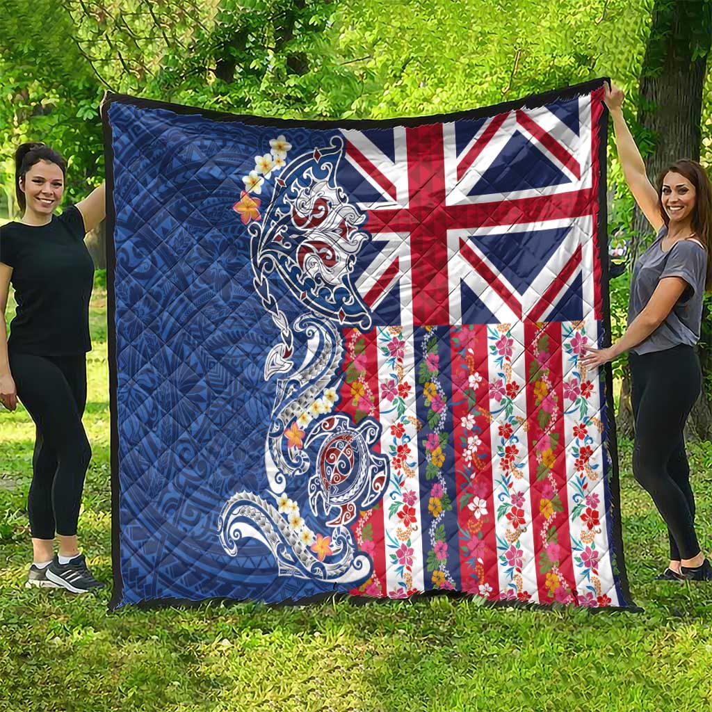 Hawaiian Manta Ray and Turtle Tribal Tattoo Quilt With Hawaii Flag and Flowers