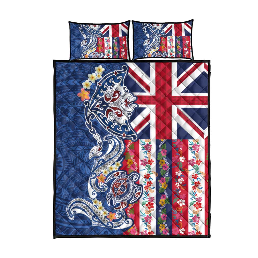 Hawaiian Manta Ray and Turtle Tribal Tattoo Quilt Bed Set With Hawaii Flag and Flowers