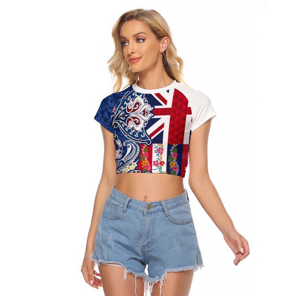 Hawaiian Manta Ray and Turtle Tribal Tattoo Raglan Cropped T Shirt With Hawaii Flag and Flowers
