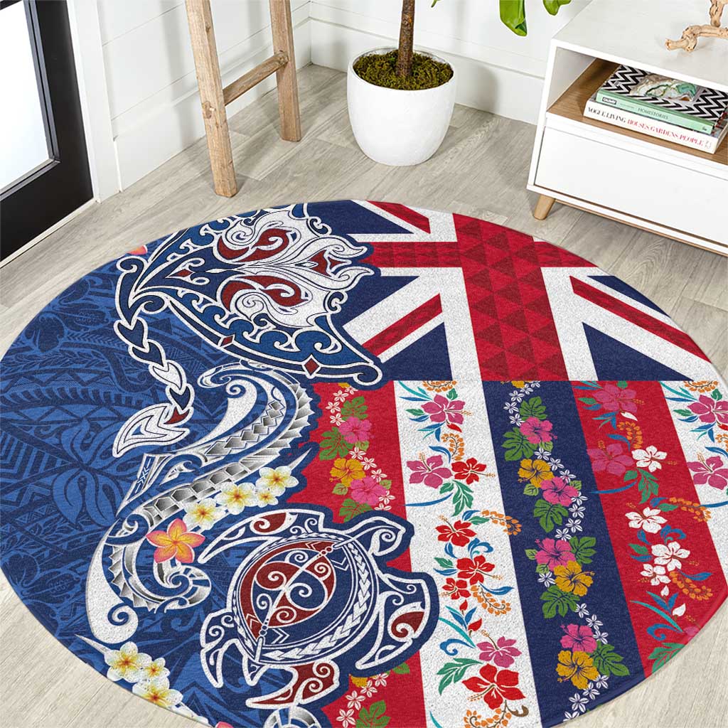 Hawaiian Manta Ray and Turtle Tribal Tattoo Round Carpet With Hawaii Flag and Flowers