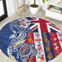 Hawaiian Manta Ray and Turtle Tribal Tattoo Round Carpet With Hawaii Flag and Flowers