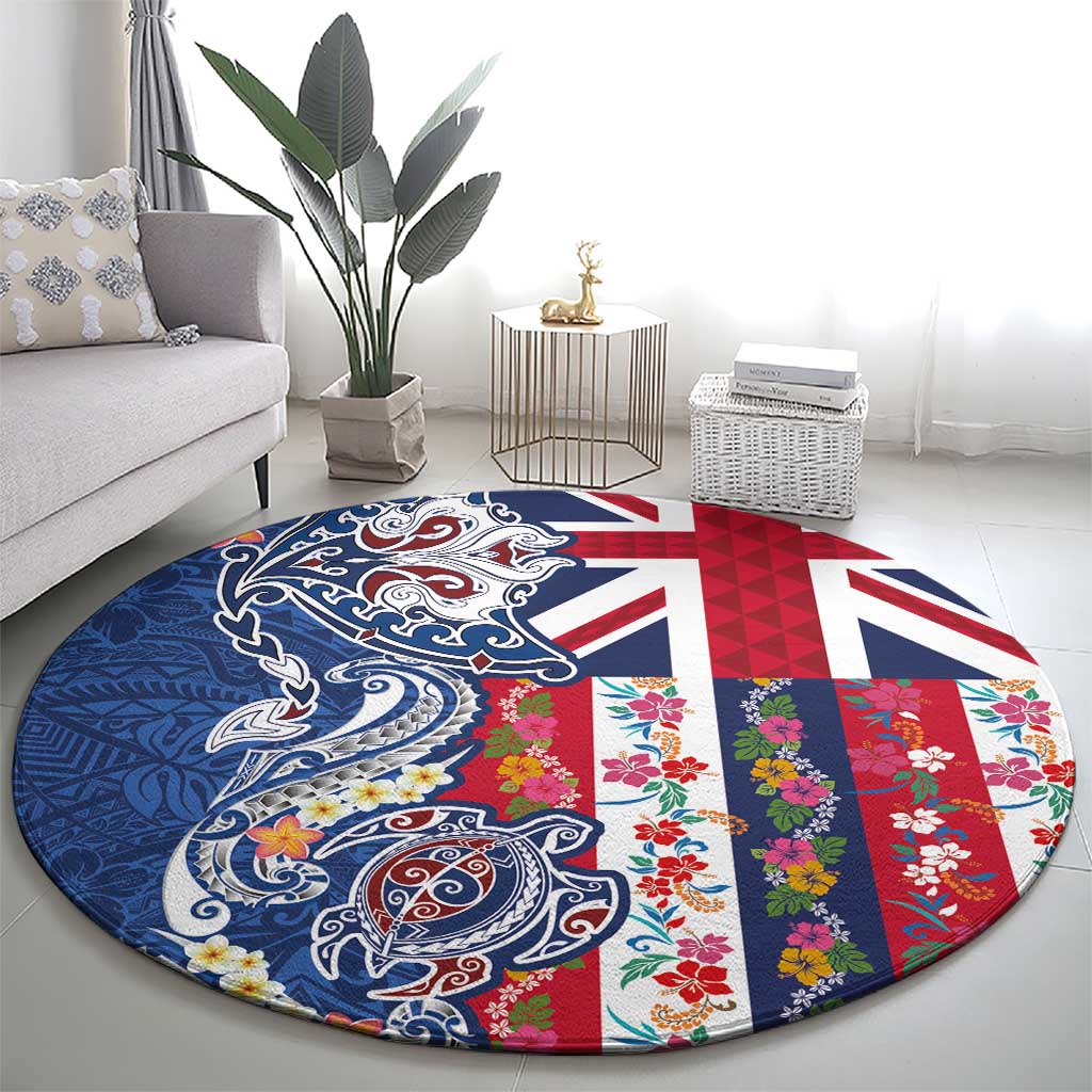 Hawaiian Manta Ray and Turtle Tribal Tattoo Round Carpet With Hawaii Flag and Flowers