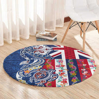Hawaiian Manta Ray and Turtle Tribal Tattoo Round Carpet With Hawaii Flag and Flowers