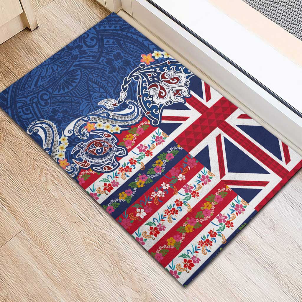 Hawaiian Manta Ray and Turtle Tribal Tattoo Rubber Doormat With Hawaii Flag and Flowers