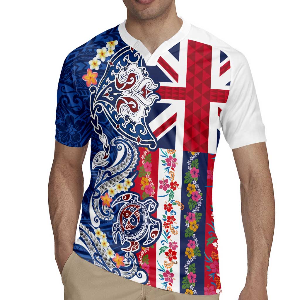 Hawaiian Manta Ray and Turtle Tribal Tattoo Rugby Jersey With Hawaii Flag and Flowers