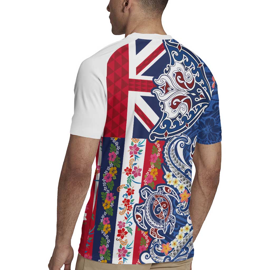 Hawaiian Manta Ray and Turtle Tribal Tattoo Rugby Jersey With Hawaii Flag and Flowers