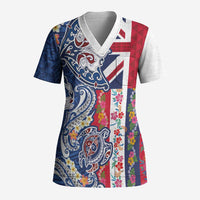Hawaiian Manta Ray and Turtle Tribal Tattoo Scrub Top With Hawaii Flag and Flowers