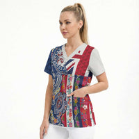 Hawaiian Manta Ray and Turtle Tribal Tattoo Scrub Top With Hawaii Flag and Flowers