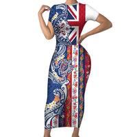 Hawaiian Manta Ray and Turtle Tribal Tattoo Short Sleeve Bodycon Dress With Hawaii Flag and Flowers LT03 Long Dress Multicolor - Polynesian Pride