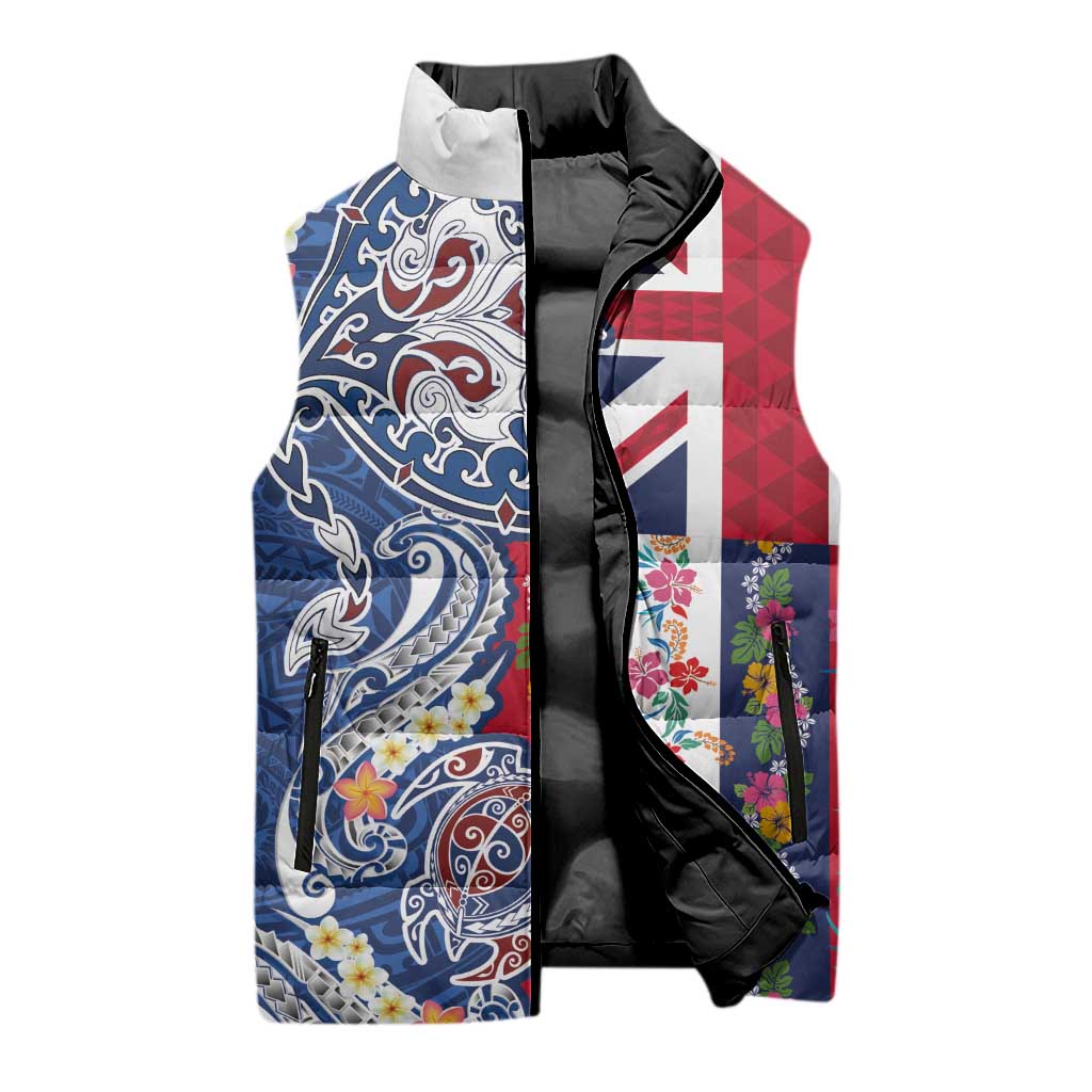 Hawaiian Manta Ray and Turtle Tribal Tattoo Sleeveless Puffer Jacket With Hawaii Flag and Flowers