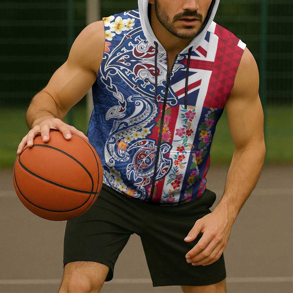 Hawaiian Manta Ray and Turtle Tribal Tattoo Sleeveless Zip Hoodie With Hawaii Flag and Flowers LT03 - Polynesian Pride
