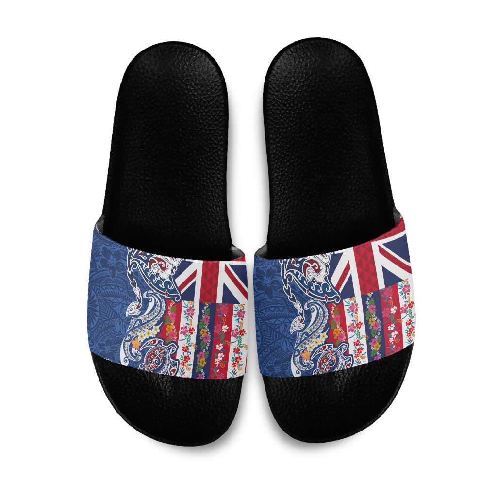 Hawaiian Manta Ray and Turtle Tribal Tattoo Slide Sandals With Hawaii Flag and Flowers
