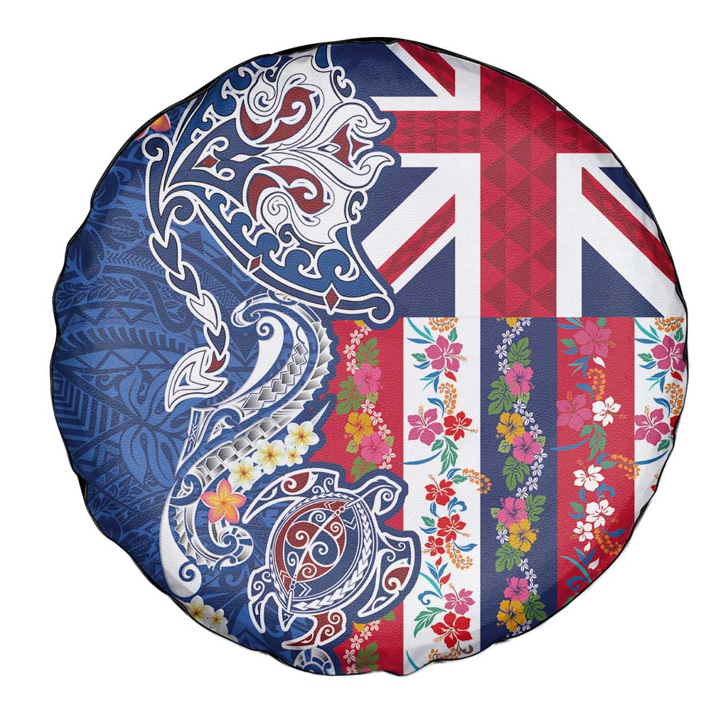 Hawaiian Manta Ray and Turtle Tribal Tattoo Spare Tire Cover With Hawaii Flag and Flowers