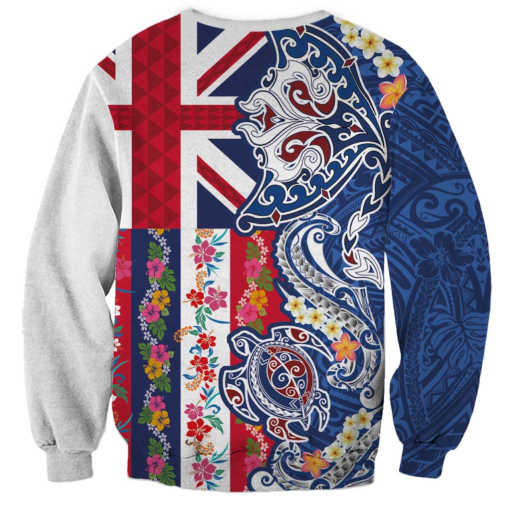 Hawaiian Manta Ray and Turtle Tribal Tattoo Sweatshirt With Hawaii Flag and Flowers