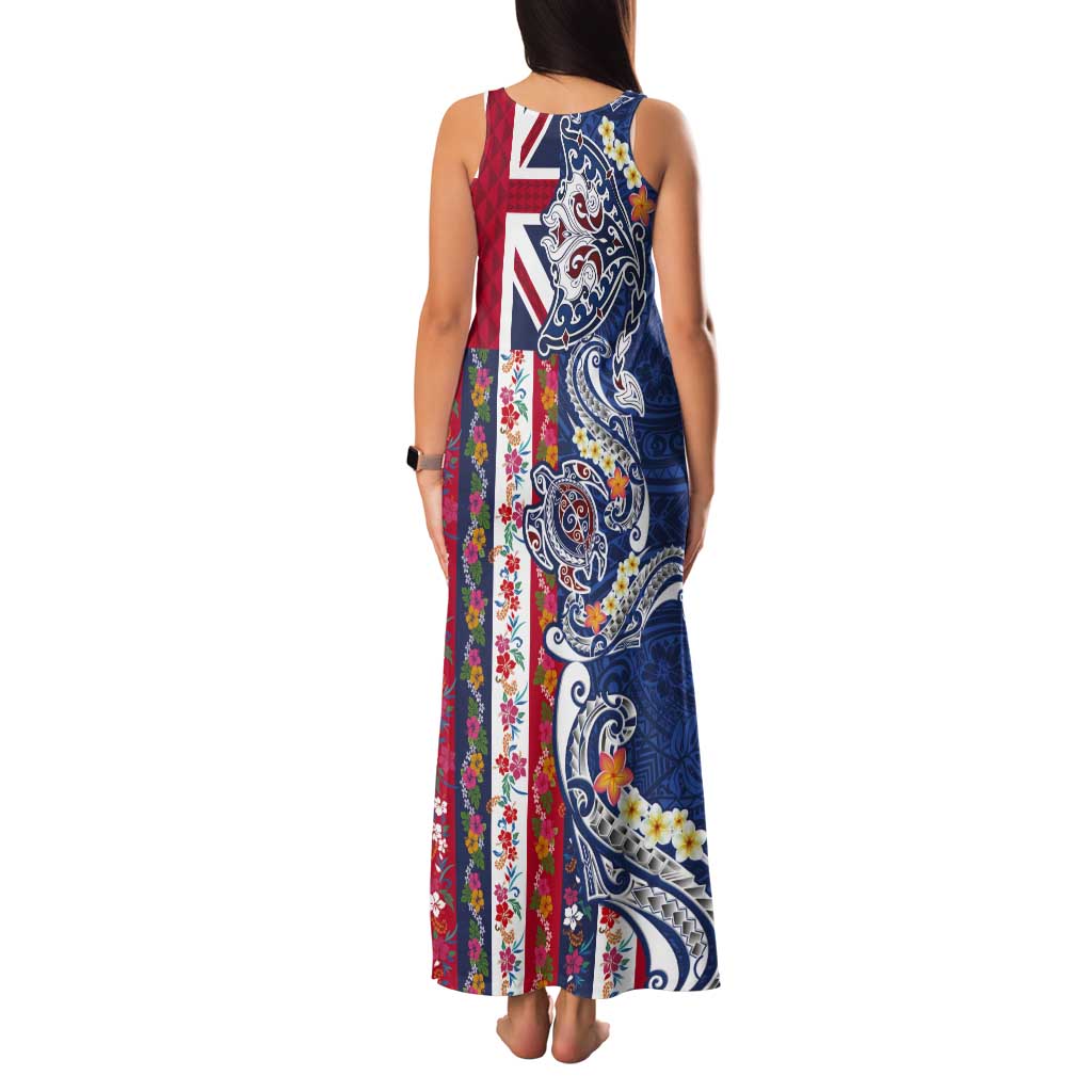 Hawaiian Manta Ray and Turtle Tribal Tattoo Tank Maxi Dress With Hawaii Flag and Flowers