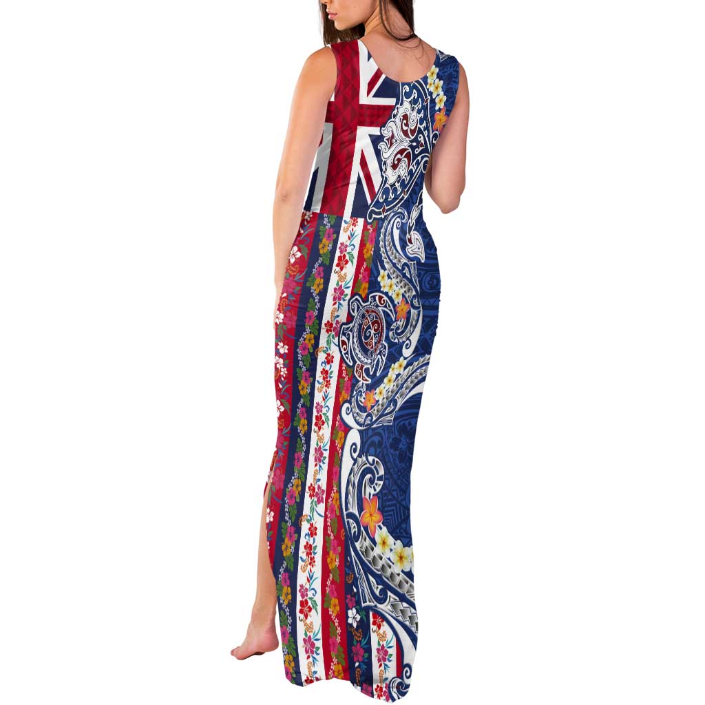 Hawaiian Manta Ray and Turtle Tribal Tattoo Tank Maxi Dress With Hawaii Flag and Flowers