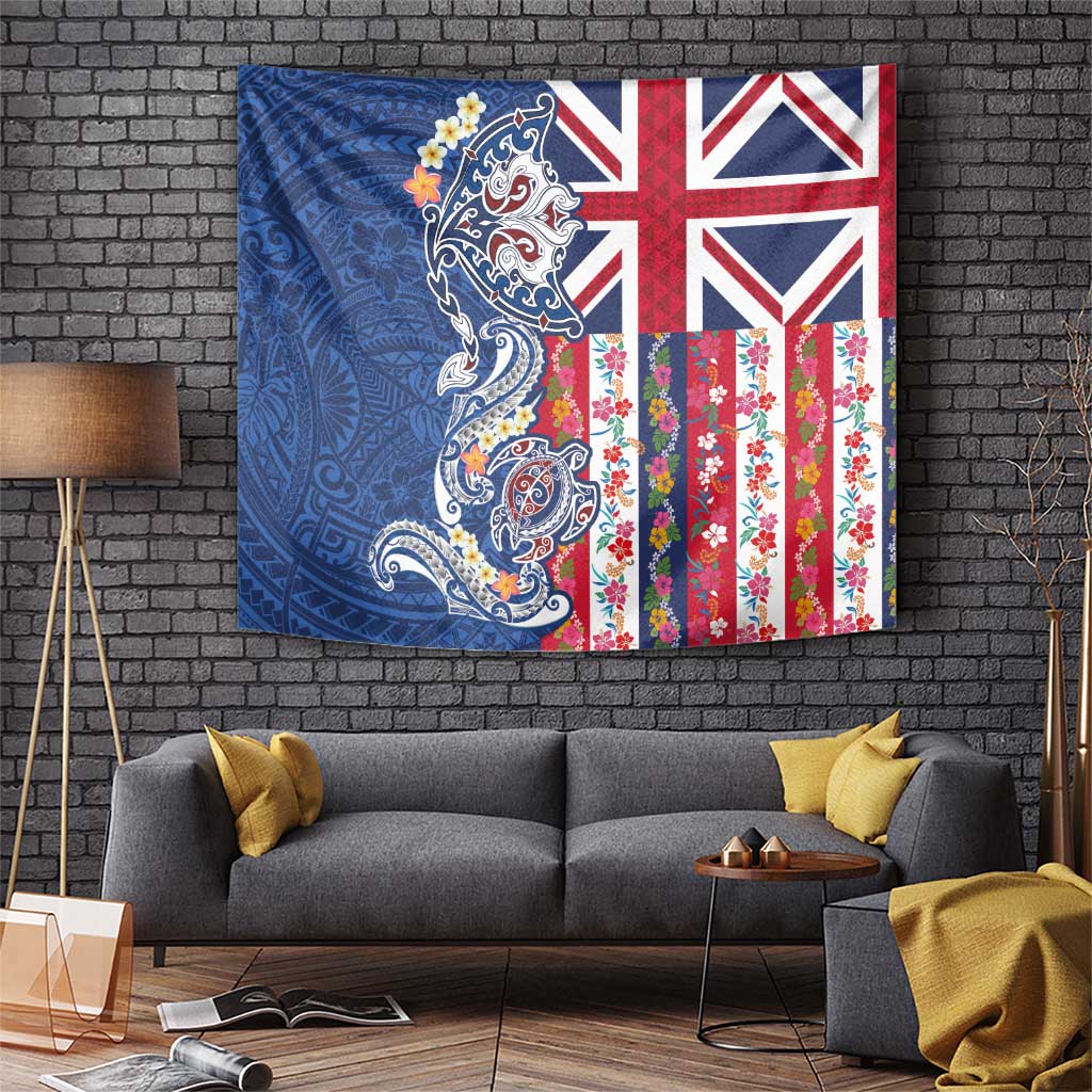 Hawaiian Manta Ray and Turtle Tribal Tattoo Tapestry With Hawaii Flag and Flowers