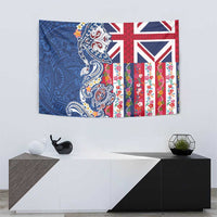 Hawaiian Manta Ray and Turtle Tribal Tattoo Tapestry With Hawaii Flag and Flowers